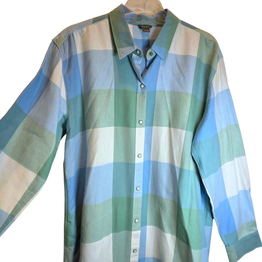 Eddie Bauer Flannel Shirt Shacket Plaid Faux Pearl Snap Sz Large Blue‎ Green